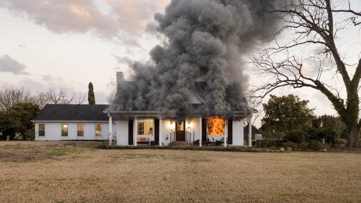 Residential building showing simulated fire and smoke for a command training scenario