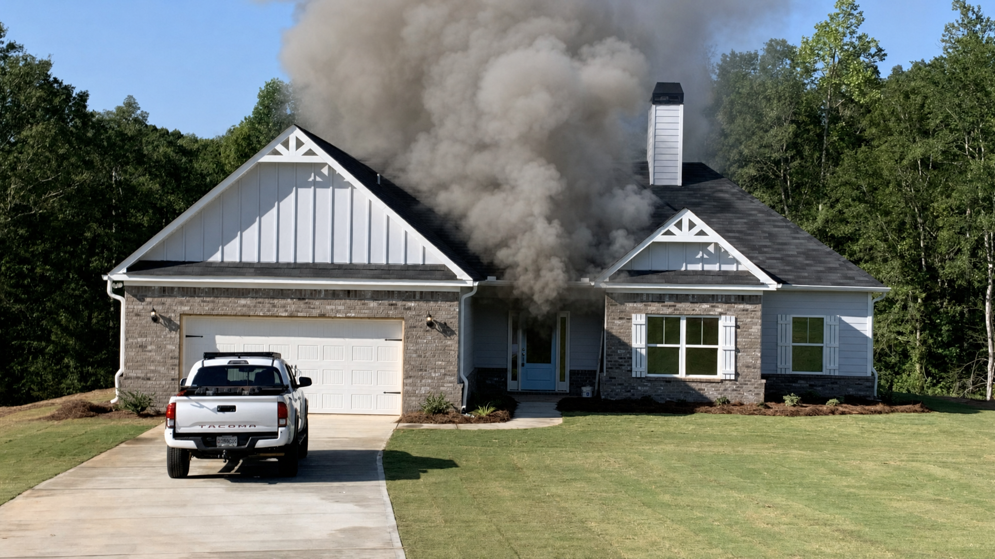 Initial arrival condition with heavy smoke showing from a residential building