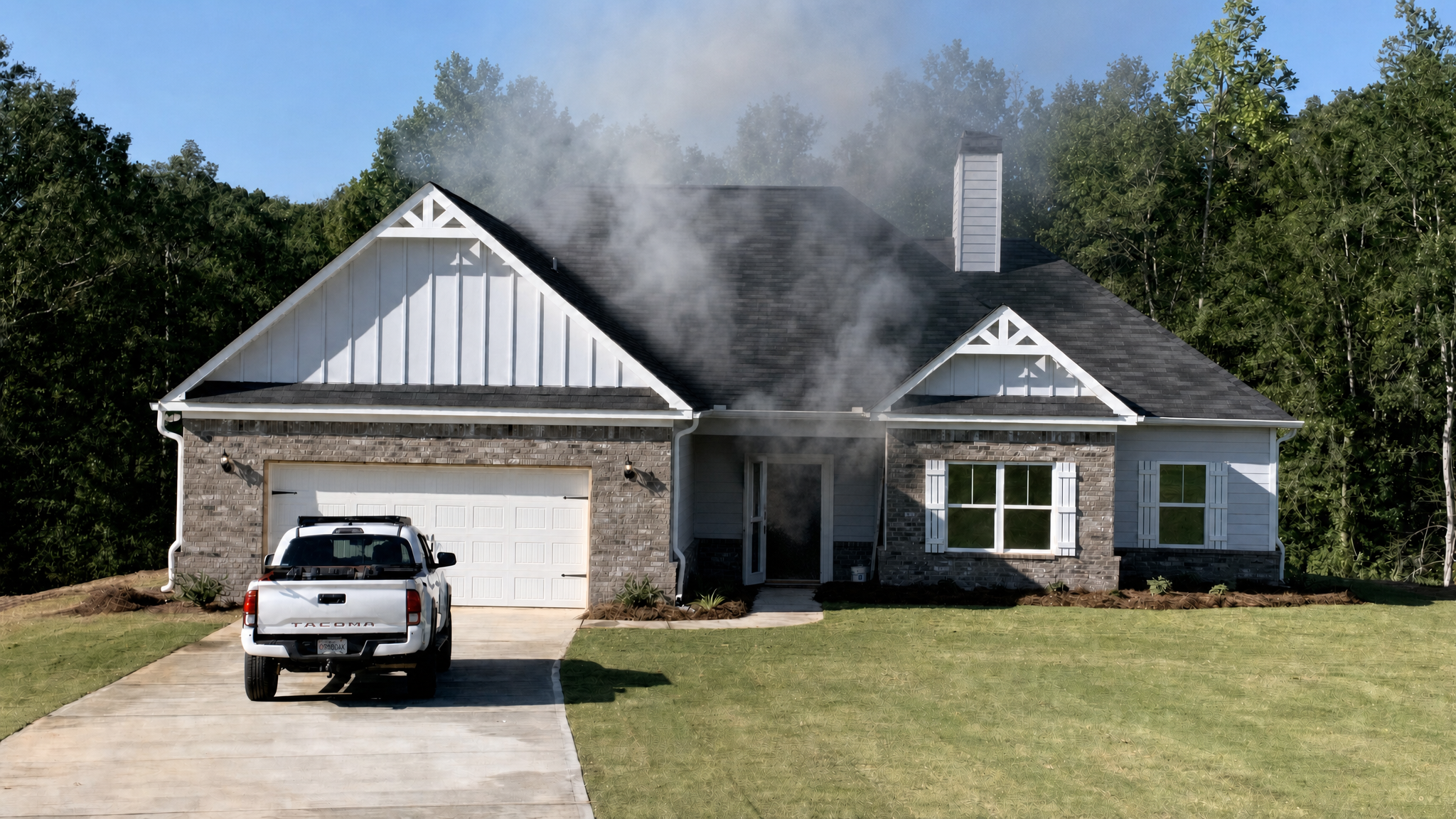 Improved condition with the front door remaining open and fire and smoke reduced on the same residential building