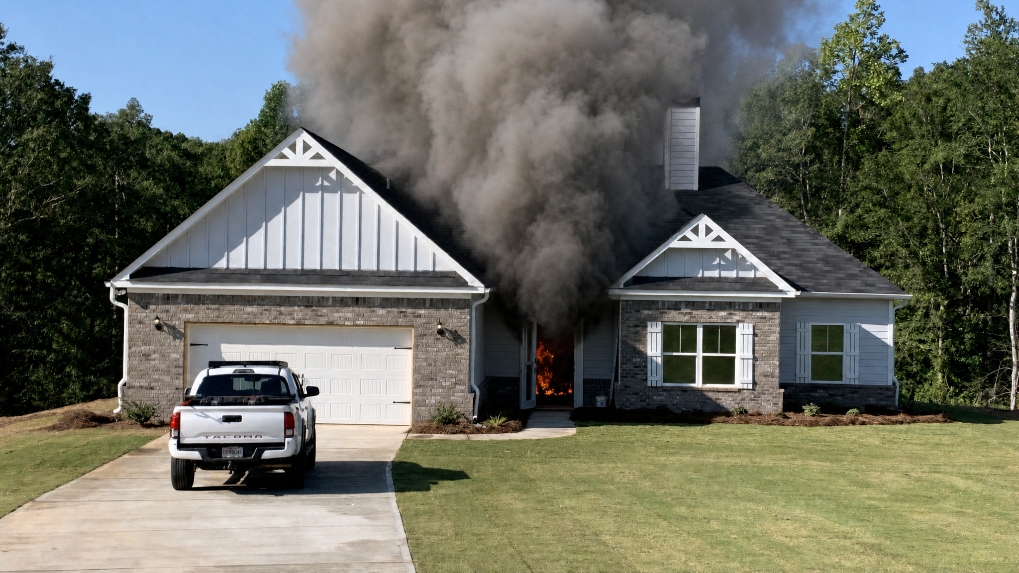 Deteriorated condition with the front door open, visible fire, and heavier smoke on the same residential building